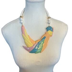 Vintage 1970s Deadstock Parrot Necklace & Earrings Set — Novelty Tropical Pastel
